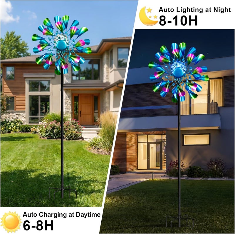 MXwcy 60'' Wind Spinner with Color Glass Ball Solar Lights, Green Peacock Feathers Metal Garden Outdoor Decor Yard Lawn Art Decor for Patio Kinetic Windmills Unique Gifts for Friends and Family - Image 4